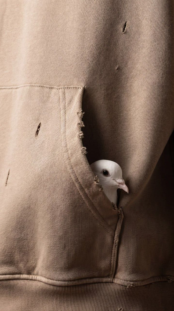 Macro shot of Apostles Apparel's 440gsm distressed heavyweight Christian hoodie pocket, with a white dove peeking out