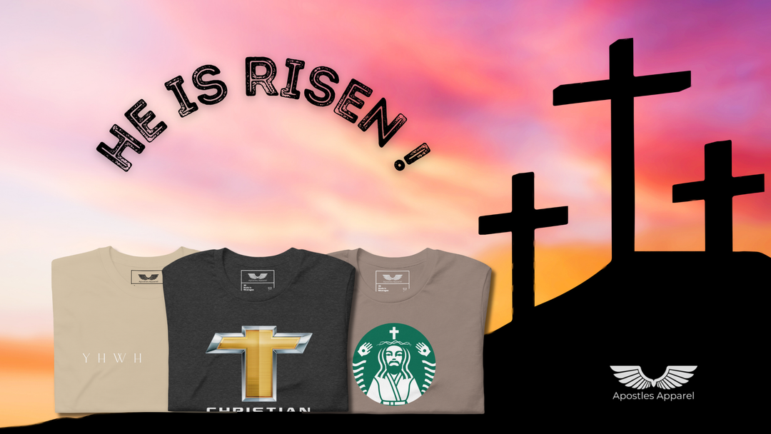 Apostles Apparel T-shirts (YHWH, Christian Bowtie, Coffee Jesus) celebrate Easter with 'He Is Risen' text, three crosses at sunrise, honoring Jesus’s divine resurrection