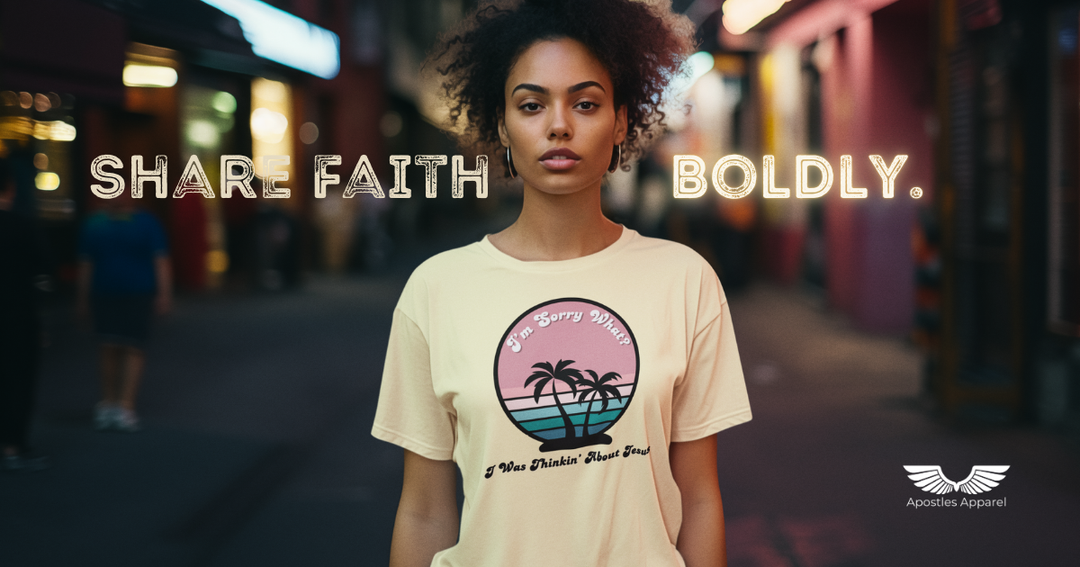 Woman wearing Christian t-shirt that reads ‘I Was Thinkin’ About Jesus’ with bold overlay text ‘Share Faith Boldly’ – Apostles Apparel urban faith-based fashion.