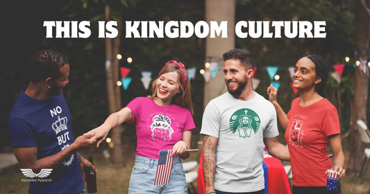 Group of diverse young adults wearing Christian graphic t-shirts from Apostles Apparel at a backyard gathering, smiling and laughing under string lights.