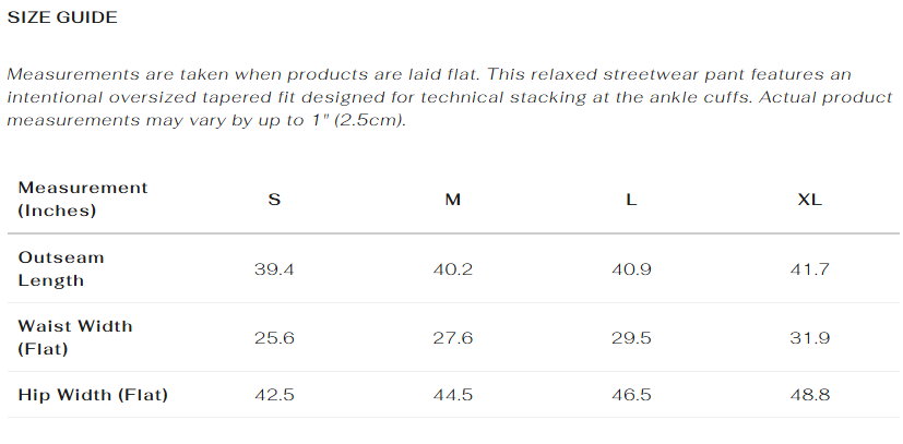 Size guide for Apostles Apparel Foundations Heavyweight Unisex Brushed Fleece Jogger. Relaxed streetwear pant with an intentional oversized tapered fit designed for technical stacking at the ankle cuffs. Flat measurements (Inches) - S: Outseam 39.4, Waist 25.6, Hip 42.5. M: Outseam 40.2, Waist 27.6, Hip 44.5. L: Outseam 40.9, Waist 29.5, Hip 46.5. XL: Outseam 41.7, Waist 31.9, Hip 48.8.