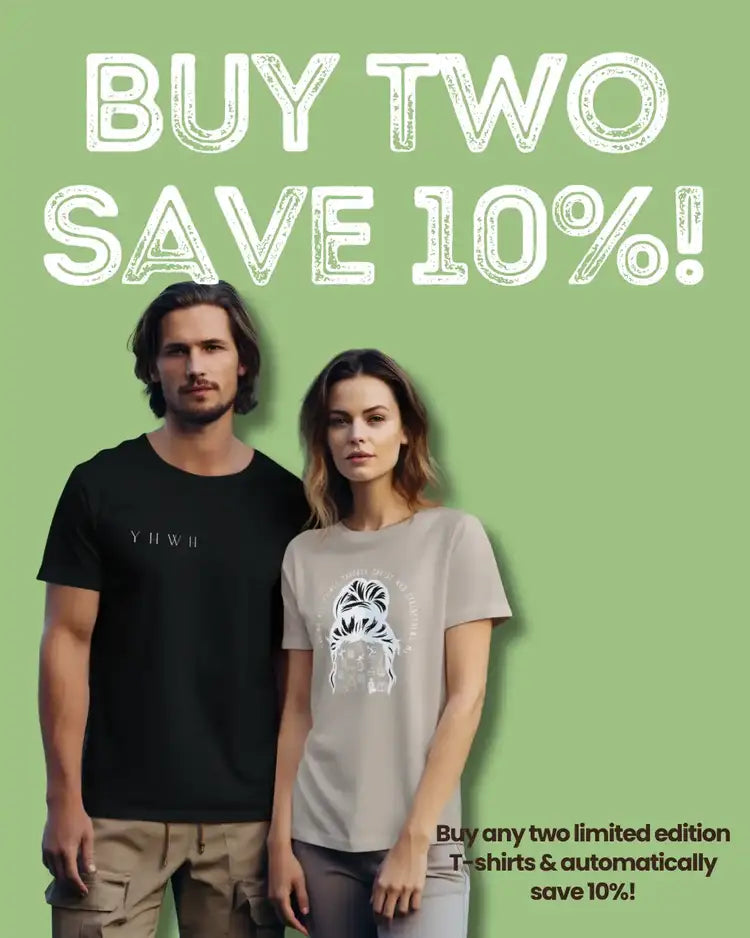 Man in black YHWH shirt and woman in tan Moms shirt by Apostles Apparel