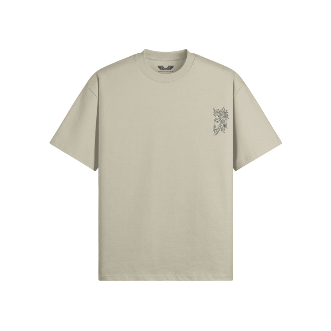 Flat lay view of Apostles Apparel Foundations Unisex Oversized Ultra Heavy Crew Neck in Artichoke. Features a 425GSM ultra-heavyweight 100% cotton build, an architectural drop-shoulder streetwear silhouette, and high-stitch count Christ Half Face line-art embroidery on the left chest.