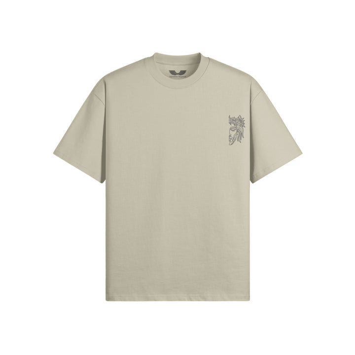 Flat lay view of Apostles Apparel Foundations Unisex Oversized Ultra Heavy Crew Neck in Artichoke. Features a 425GSM ultra-heavyweight 100% cotton build, an architectural drop-shoulder streetwear silhouette, and high-stitch count Christ Half Face line-art embroidery on the left chest.