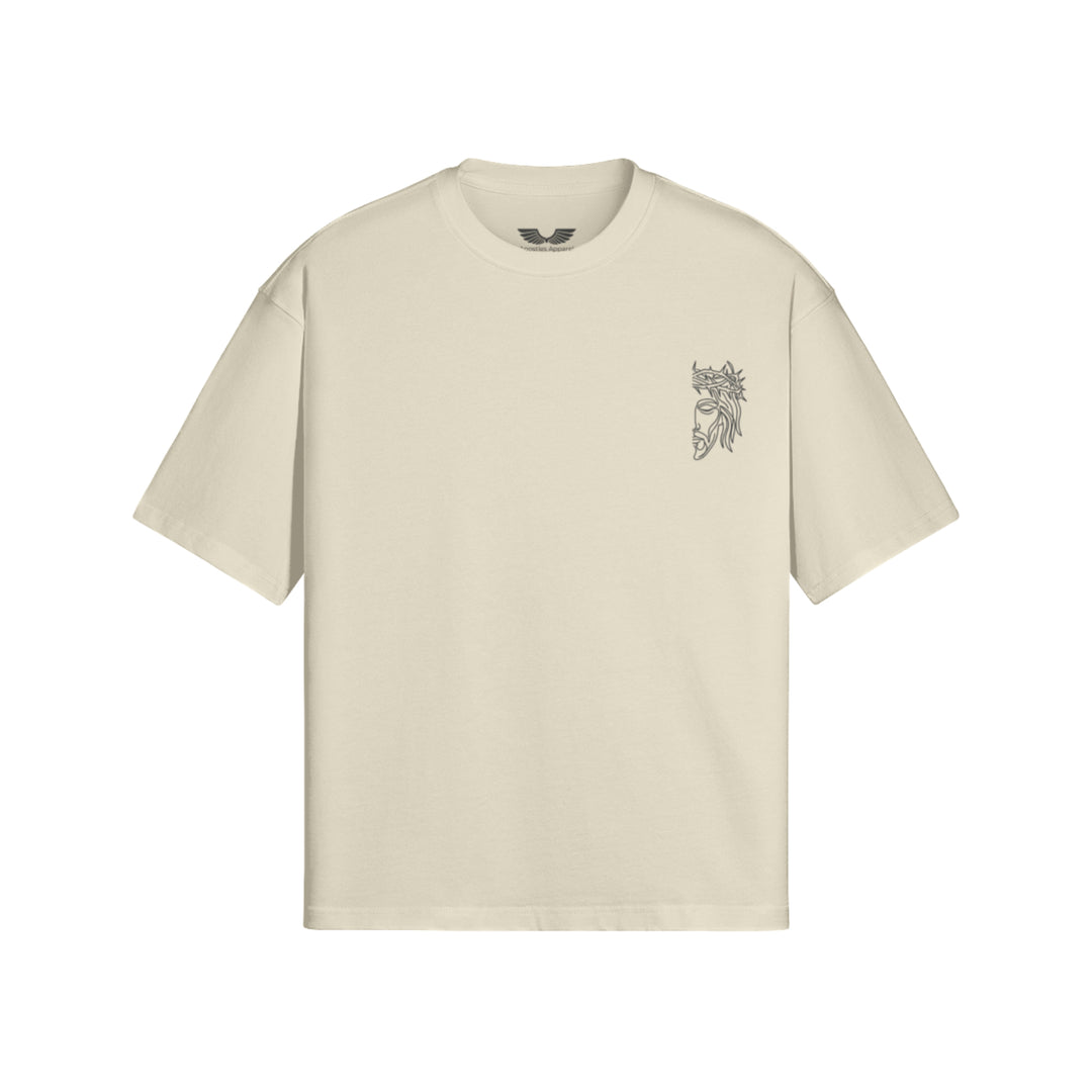 Flat lay view of Apostles Apparel Foundations Unisex Oversized Ultra Heavy Crew Neck in Ash Grey. Features a 425GSM ultra-heavyweight 100% cotton build, an architectural drop-shoulder streetwear silhouette, and high-stitch count Christ Half Face line-art embroidery on the left chest.