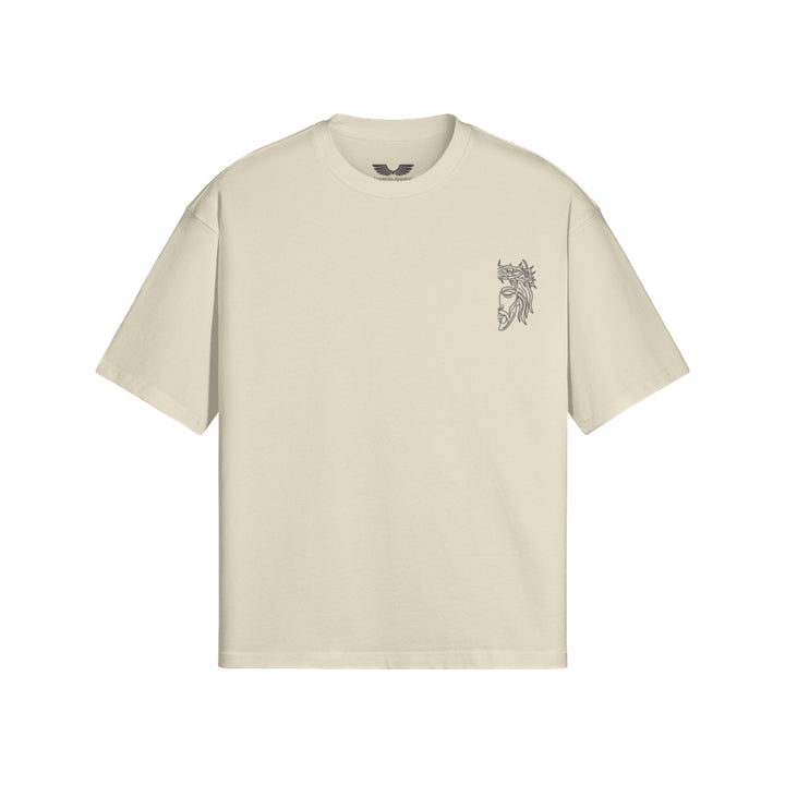 Flat lay view of Apostles Apparel Foundations Unisex Oversized Ultra Heavy Crew Neck in Ash Grey. Features a 425GSM ultra-heavyweight 100% cotton build, an architectural drop-shoulder streetwear silhouette, and high-stitch count Christ Half Face line-art embroidery on the left chest.