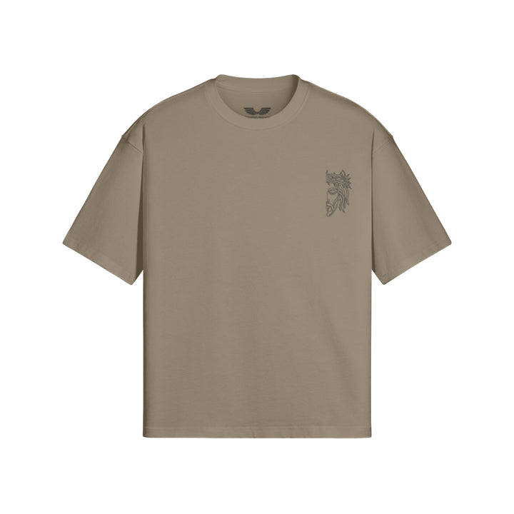 Flat lay view of Apostles Apparel Foundations Unisex Oversized Ultra Heavy Crew Neck in Brown. Features a 425GSM ultra-heavyweight 100% cotton build, an architectural drop-shoulder streetwear silhouette, and high-stitch count Christ Half Face line-art embroidery on the left chest.