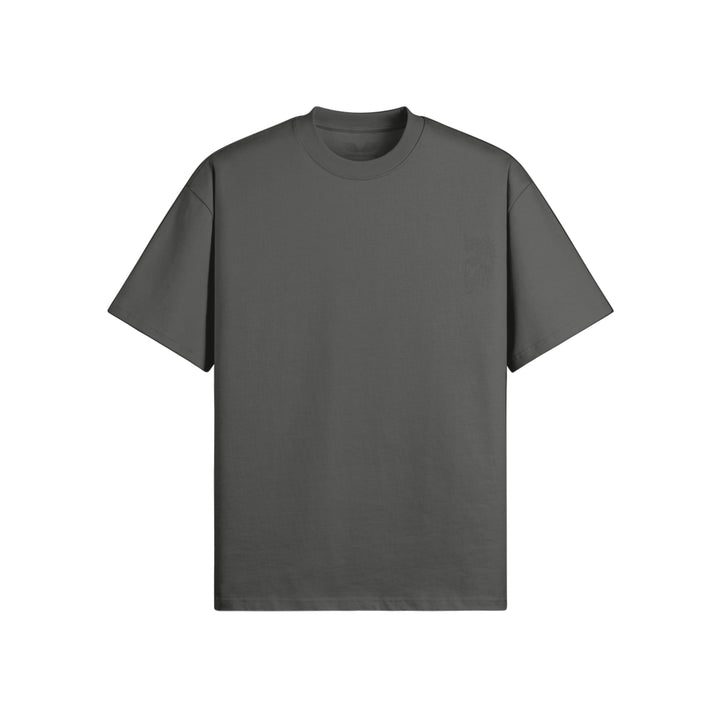 Flat lay view of Apostles Apparel Foundations Unisex Oversized Ultra Heavy Crew Neck in Carbon Grey. Features a 425GSM ultra-heavyweight 100% cotton build, architectural drop-shoulder streetwear silhouette, and high-stitch count Christ Half Face line-art embroidery on the left chest.