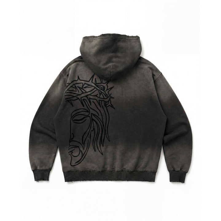 Rear studio flat lay view of the Foundations Series Crown of Thorns Heavyweight Hoodie in faded and distressed black. Features a jumbo line-art screen print of the Crown of Thorns across the back, custom pigment-dyed stone-washed finish, ultra-dense 440GSM combed cotton fabric, a boxy oversized silhouette, and hand-distressed grinding on the hood, cuffs, and hem.