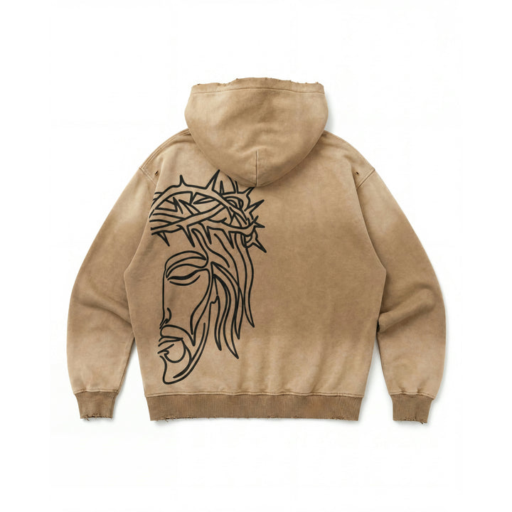 Rear studio flat lay view of the Foundations Series Crown of Thorns Heavyweight Hoodie in faded and distressed camel. Features a jumbo line-art screen print of the Crown of Thorns across the back, custom pigment-dyed stone-washed finish, ultra-dense 440GSM combed cotton fabric, a boxy oversized silhouette, and hand-distressed grinding on the hood, cuffs, and hem.