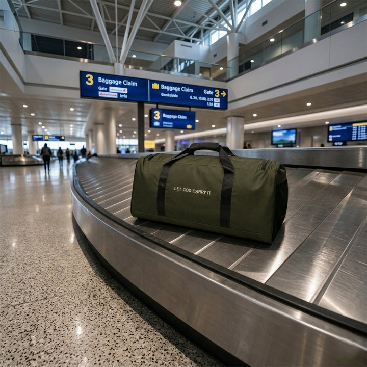 Lifestyle product shot of the Foundations Series Let God Carry It Utility Duffle Bag in olive green sitting on an airport baggage claim carousel. Displays the high-capacity 50L travel chassis, rigid reinforced T-piping architecture, dual padded handles, and the distinctive architectural statement typography across the body.